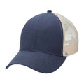 Navy and stone beige hemp trucker cap with structured front panels and open mesh back