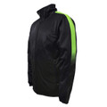 Black sports track jacket with neon green shoulder panel and textured lower body detail
