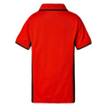 Bright red kids sports polo with black side panels and black collar trim, rear view showing flat back panel