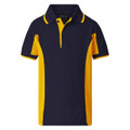 Kids navy and gold side panel sports polo shirt with contrast collar tipping and three-button placket