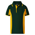 Kids sports polo in bottle green with gold side panels and collar trim, featuring contrast zip placket