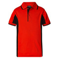 Bright red polo with black side panels and sleeve trim, featuring contrasting collar and placket detail