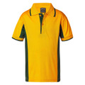 Kids gold and bottle green contrast side panel polo shirt with button placket, short sleeves, packshot