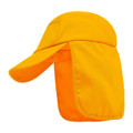 Gold and orange kids legionnaire cap with structured peak and attached neck flap, three-quarter view