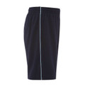 Navy sports shorts with sky blue piping detail and elasticated waistband, side view