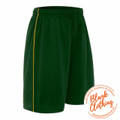 Bottle green kids sports shorts with gold piping down the side seam and elasticated waistband