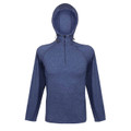 Navy heather half-zip hooded long sleeve tee with raglan sleeves and drawcord hood, flat lay