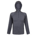 Charcoal heather half-zip hooded top with raglan sleeves and quarter-length front zipper