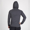Charcoal heather half-zip hooded long sleeve shirt shown from behind with hood up
