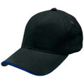 Black baseball cap with structured crown and royal blue sandwich peak trim