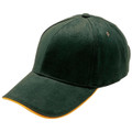 Bottle green six-panel baseball cap with gold sandwich peak brim and matching eyelet detail