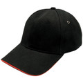 Black six-panel baseball cap with red sandwich peak trim, structured crown, metal eyelet, flat brim
