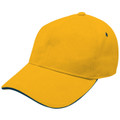 Gold structured baseball cap with navy sandwich peak brim and metal eyelet, flat front panel