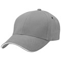Grey six-panel baseball cap with white sandwich peak brim, structured crown and silver eyelet detail