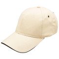Natural six-panel baseball cap with black sandwich peak trim, brass eyelet, and structured crown