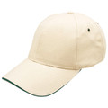 Natural six-panel baseball cap with bottle green sandwich peak brim and metal eyelets
