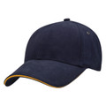 Navy blue six-panel baseball cap with gold sandwich peak trim and eyelets, structured crown, flat front panel