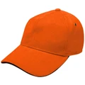 Orange six-panel baseball cap with black sandwich peak trim and metal eyelet, structured crown, packshot