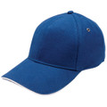 Royal blue six-panel baseball cap with white sandwich peak brim and metal eyelet, structured crown