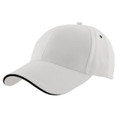 White six-panel baseball cap with black sandwich peak trim, silver eyelet, smooth crown for decoration