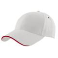 White six-panel baseball cap with red sandwich peak trim and silver eyelet, structured crown, packshot