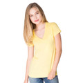 Woman wearing a pale yellow short sleeve V-neck tee with smooth poly jersey fabric and relaxed fit