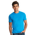 Bright cyan blue crew neck t-shirt with short sleeves and smooth cotton-poly blend fabric