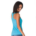 Woman wearing turquoise tri-blend racerback singlet, side-back view showing curved armhole and smooth jersey fabric