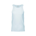 Pale blue sleeveless tank top with wide shoulder straps and crew neckline displayed on white background