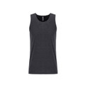 Charcoal heather grey men's sleeveless tank top with crew neckline and relaxed fit on white background