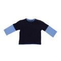 Navy body tee with contrast sky blue layered long sleeves and neckline trim