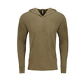 Olive heathered tri-blend hooded long sleeve tee with drawstrings on white background