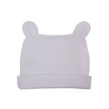 White organic cotton baby beanie with small rabbit ears and folded cuff, flat lay packshot