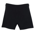 Black women's stretch gym shorts with wide elasticated waistband, flat-lay packshot on white background
