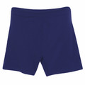 Navy blue women's stretch gym shorts with wide elasticated waistband, flat lay packshot
