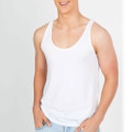 White cotton singlet with scoop neckline and relaxed fit on male model