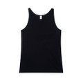 Black sleeveless singlet with wide shoulder straps and scoop neckline on white background