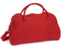 Crimson red canvas duffle bag with twin top handles, zip closure, and detachable shoulder strap