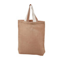 Natural jute tote bag with contrasting cream handles and flat front panel ideal for decoration