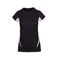 Black women's quick dry tee with white contrast panels on sleeves and curved side panels