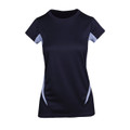 Navy women's tee with sky blue contrast panels on sleeves and sides, crew neck, athletic fit
