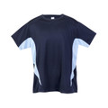 Navy quick dry tee with sky blue contrast side panels and sleeve inserts