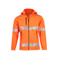 Fluorescent orange softshell jacket with hood, reflective silver tape across chest and waist, and zip chest pocket