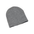 Heather grey cable knit beanie with ribbed texture and cuffed hem