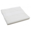 Folded white bamboo cotton bath towel with soft terry texture and clean woven border panel
