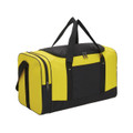 Bright yellow and black duffle bag with contrast panels, dual handles and multiple zippered compartments