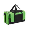 Lime green and black duffle sports bag with dual top zips, front zip pocket, and black carry handles