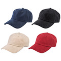 Four unstructured chino caps in navy, black, stone and red with curved brims and brushed cotton finish