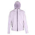 White full-zip hoodie jacket with high funnel neck, contrast navy zip tape, and side zip pockets — flat lay packshot