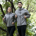 Grey marle high funnel neck hoodie jacket with full zip and ribbed cuffs worn by male and female models